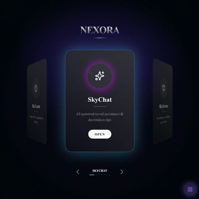 Nexora IFE interface showing SkyChat AI assistant, SkyLearn, and SkyService modules in a premium dark carousel