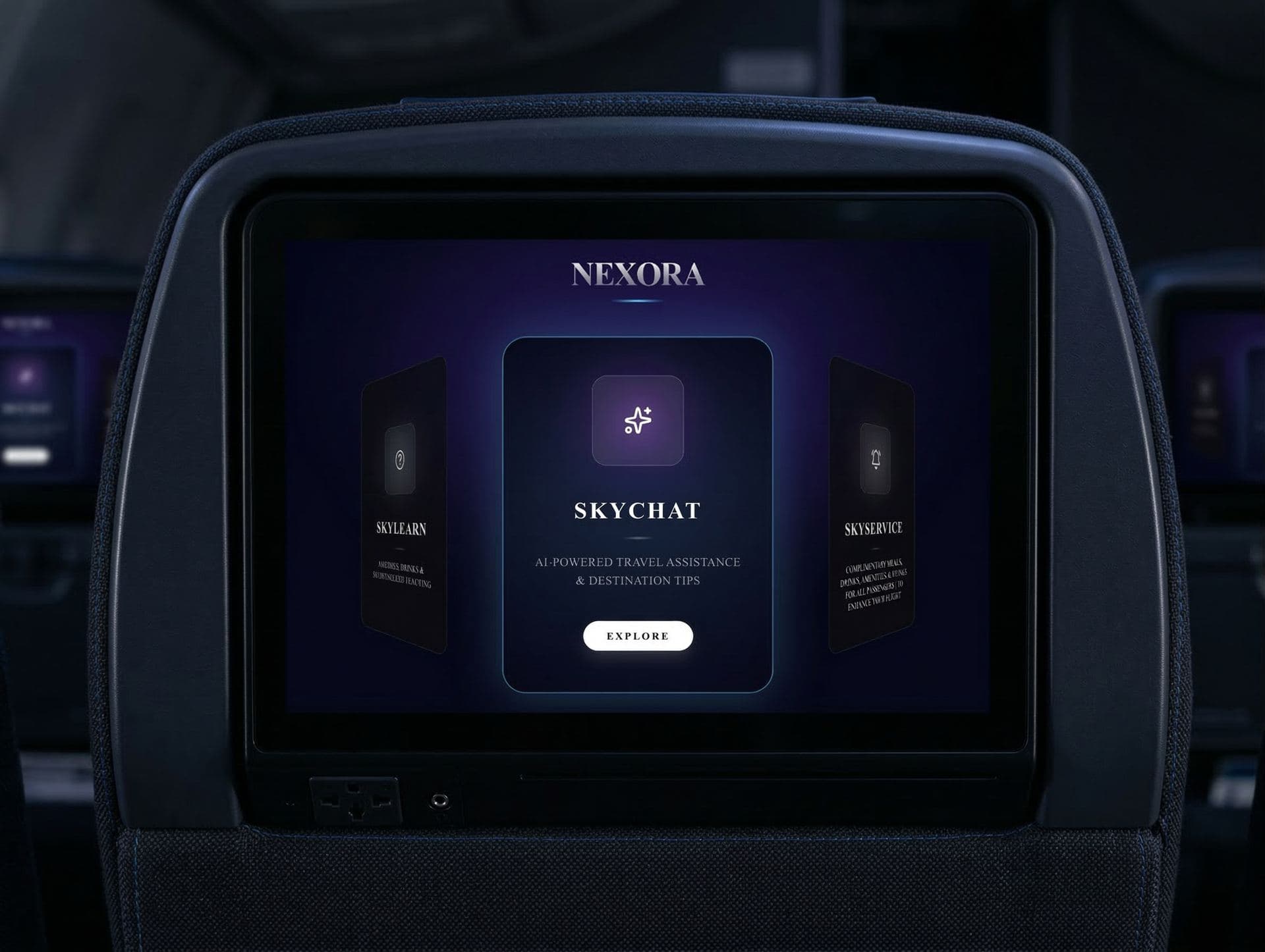 Nexora AI interface displayed on an aircraft seatback IFE screen